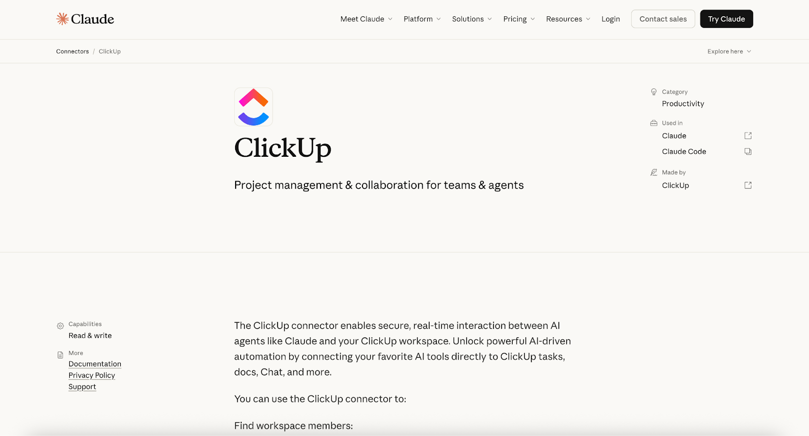 Claude interface showing ClickUp connector page