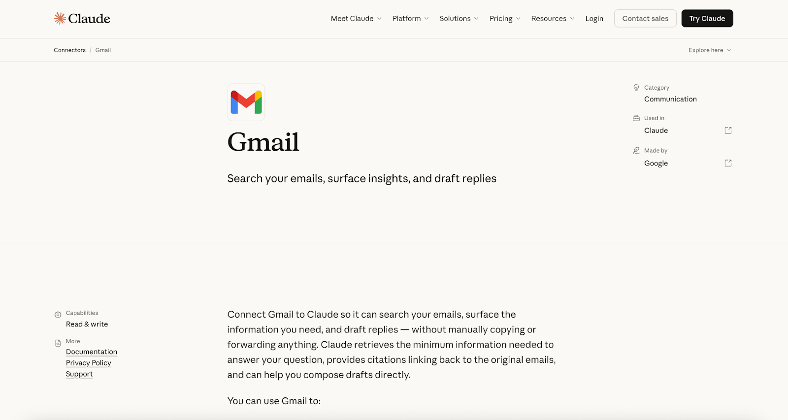 Claude interface showing Gmail connector page