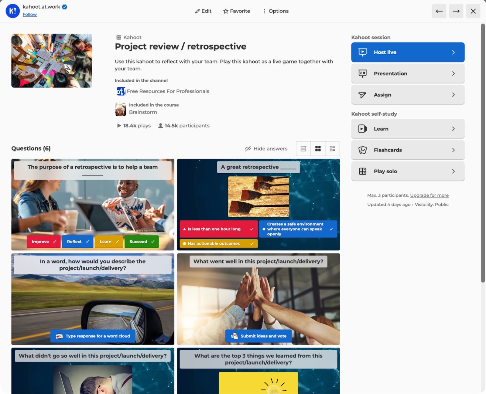Panel de Kahoot mostrando una presentación de cuestionario con múltiples diapositivas de preguntas y elementos de aprendizaje interactivo estilo juego