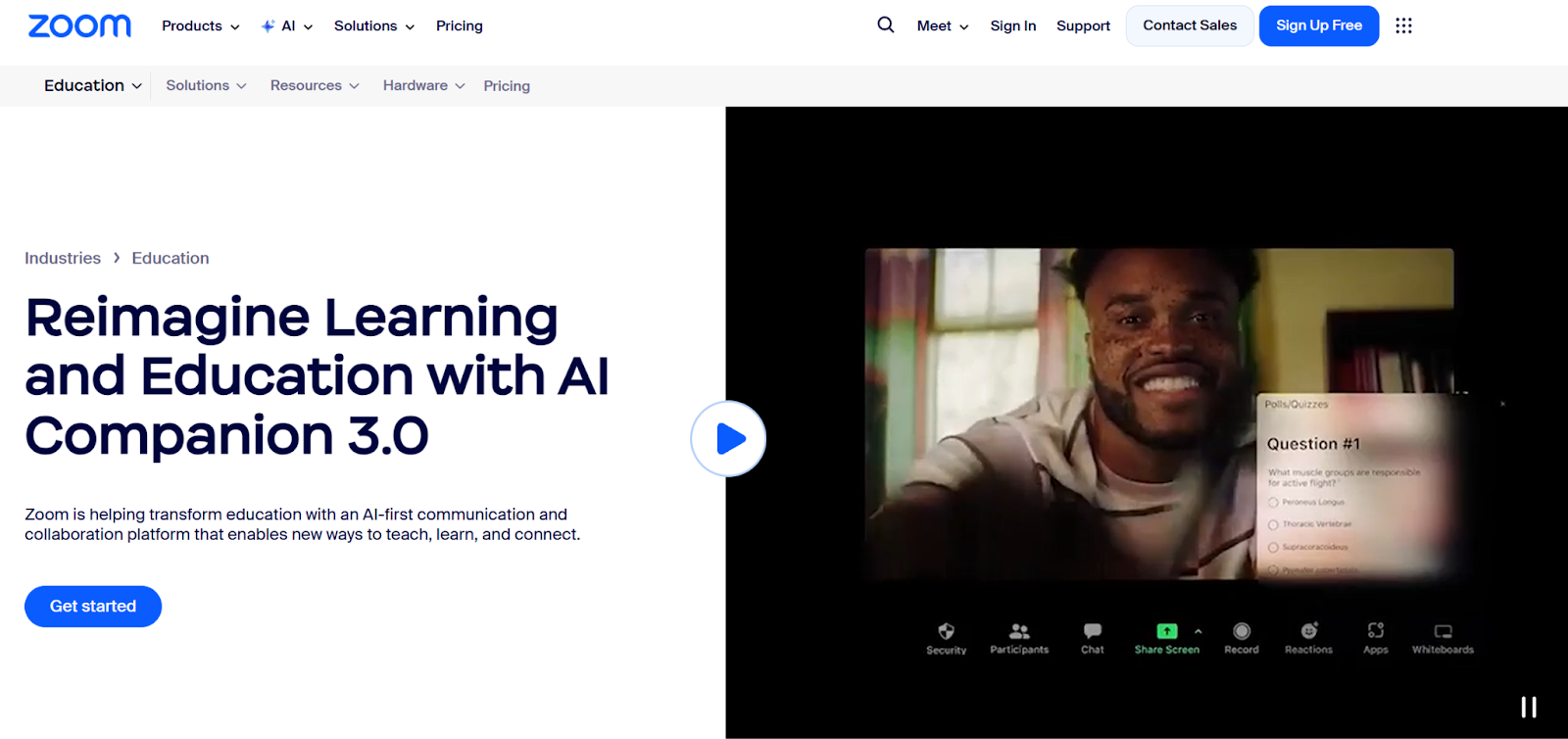 Screenshot of Zoom's landing page, showing a headline "Reimagine Learning and Education with AI Companion 3