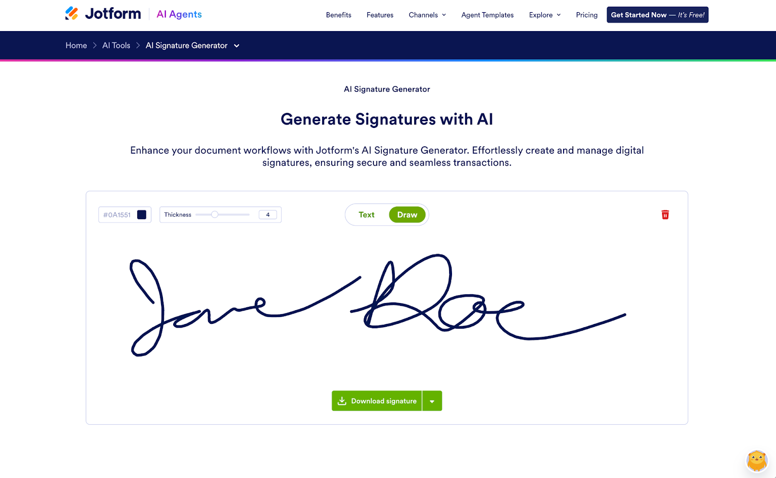 Jotform AI Signature Generator draw mode showing a hand-drawn cursive signature with color, thickness, and download controls