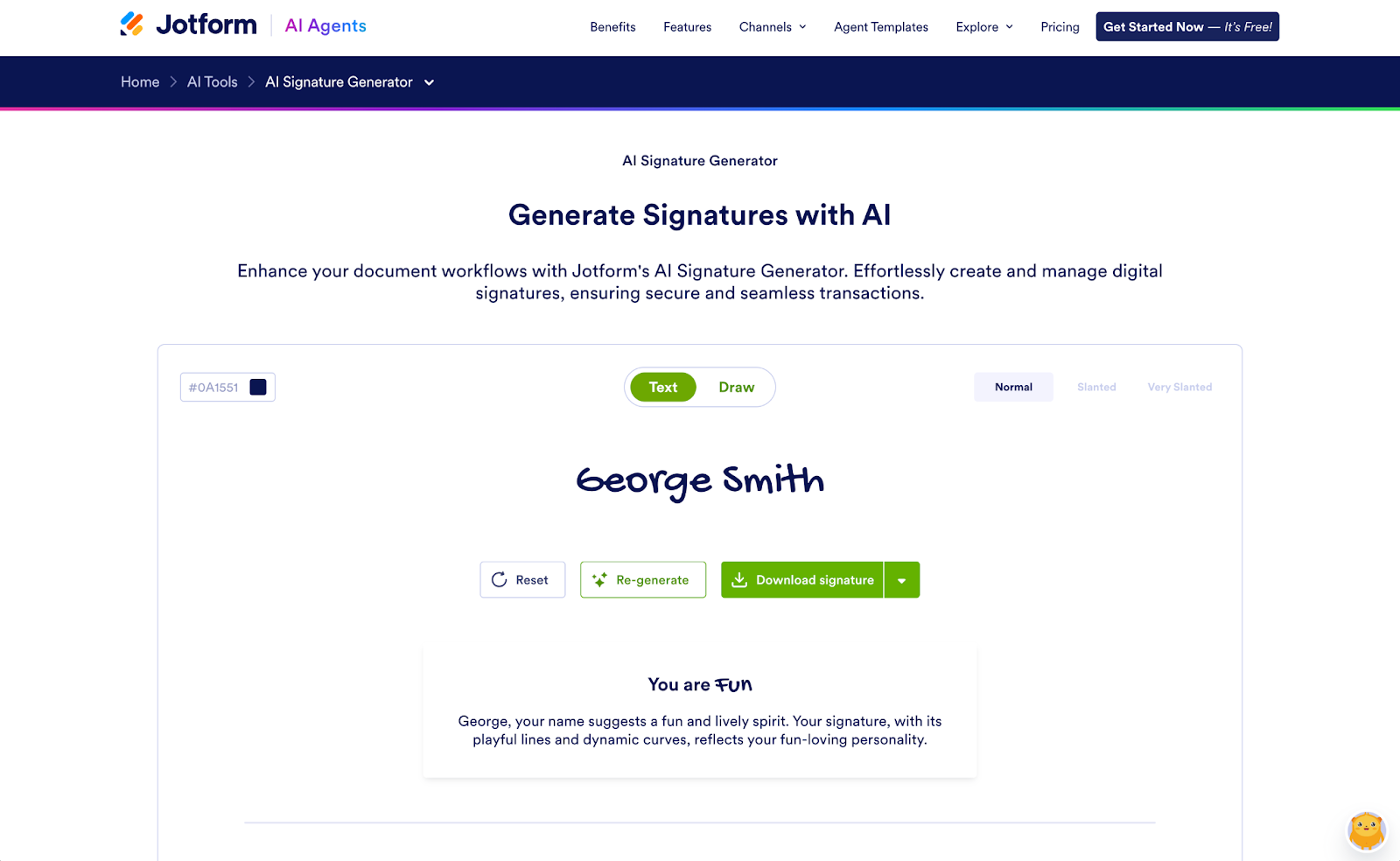 Jotform AI Signature Generator text mode showing a generated “George Smith” signature, style controls, color selection, and download button