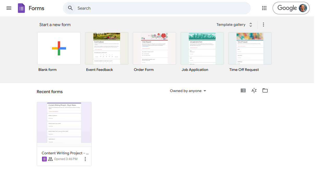 Google Forms interface showing recently created forms, form templates, and the option to start a blank form