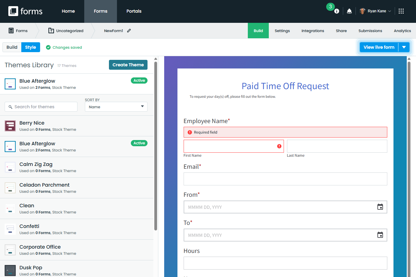 Formstack interface showing an example Paid Time Off Request form and the Themes Library
