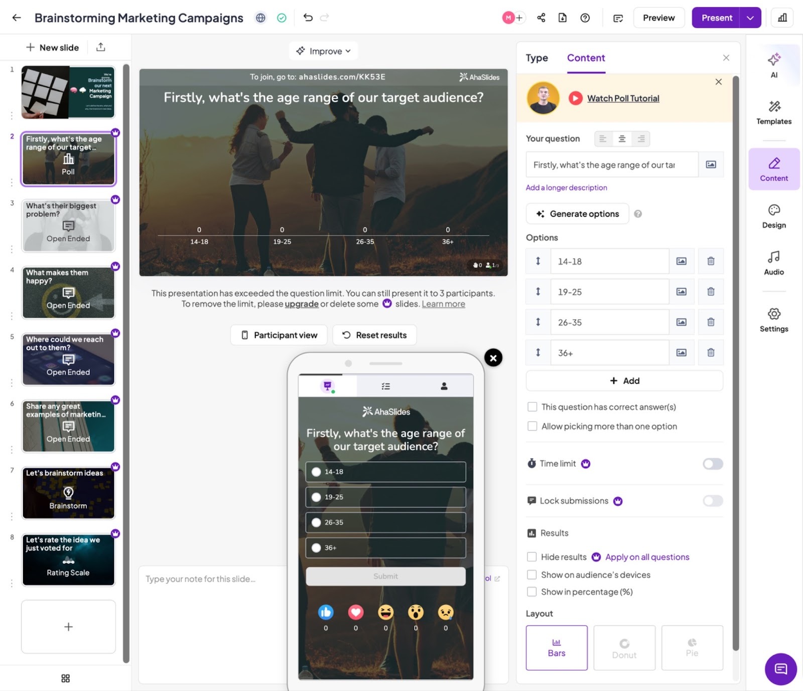 Editor de presentaciones de AhaSlides con miniaturas de diapositivas, resultados de encuestas de audiencia en vivo y elementos de cuestionario interactivo para presentaciones atractivas