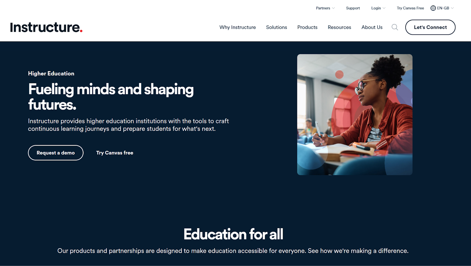 Screenshot of Instructure's education landing page, showing a headline "Fueling minds and shaping futures"