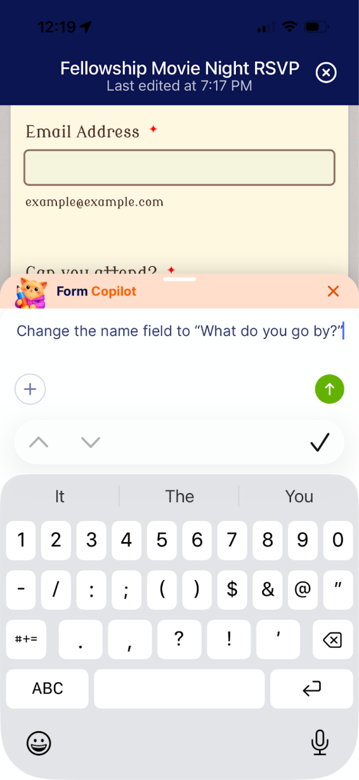 Entering a prompt to the Jotform Form Copilot on a mobile device