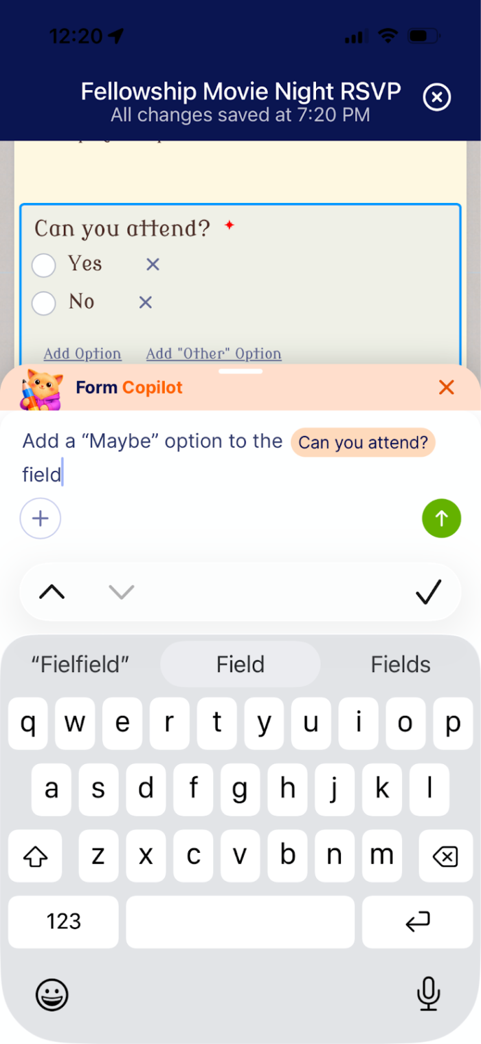 Changing the form elements by clicking on the field on the Jotform Copilot on mobile