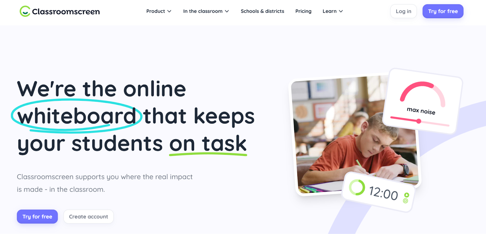 Screenshot of Classroomscreen's landing page, showing a headline "We're the online whiteboard that keeps your students on task"