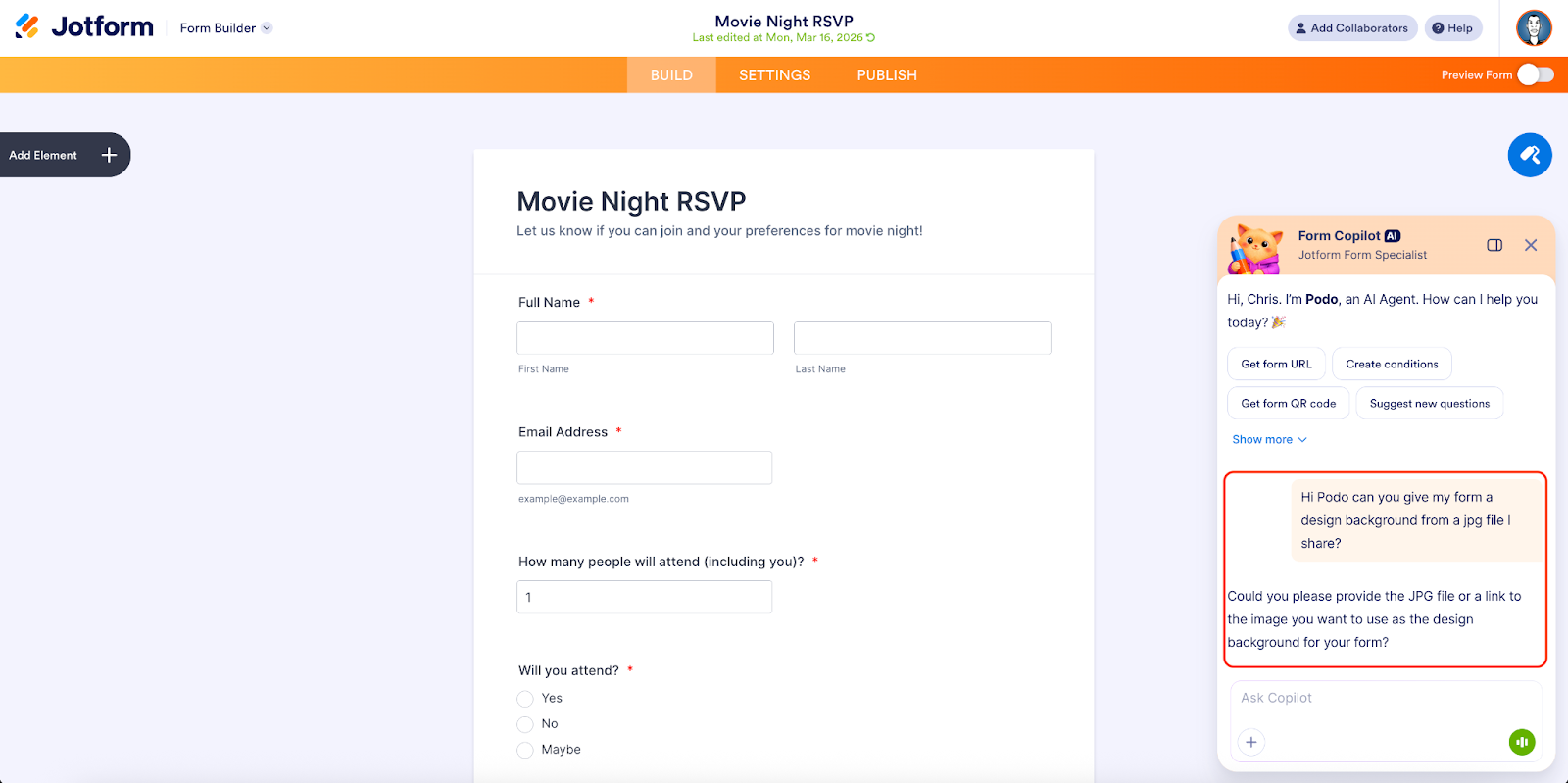 Viewing the chat with the Jotform Form Copilot and requesting to add a background