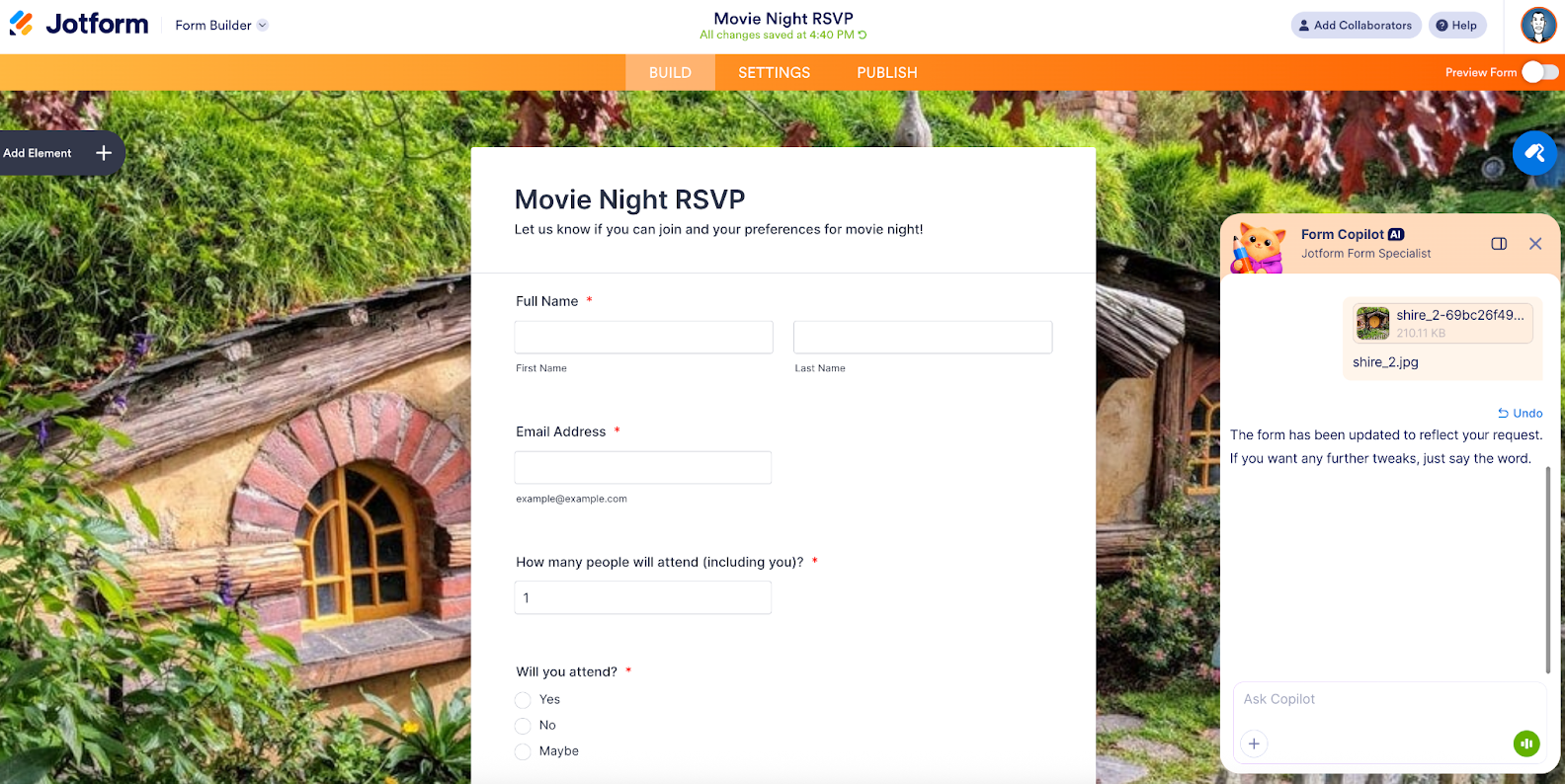 Viewing the Form on Jotform Form Builder with the background added on the form
