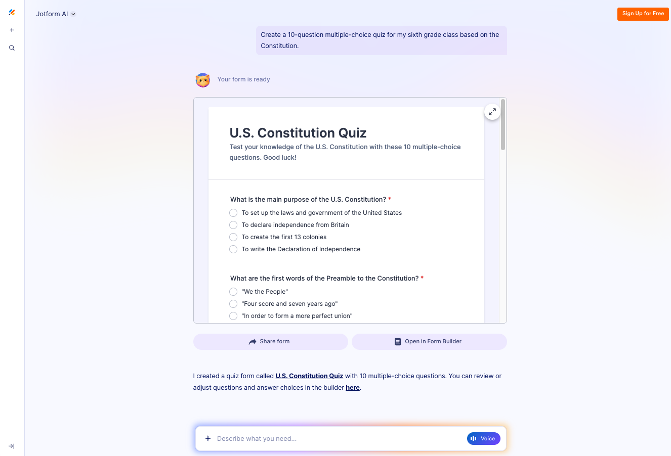 Eingabe einer "Erstelle ein Multiple-Choice-Quiz mit 10 Fragen für meine sechste Klasse basierend auf der Verfassung