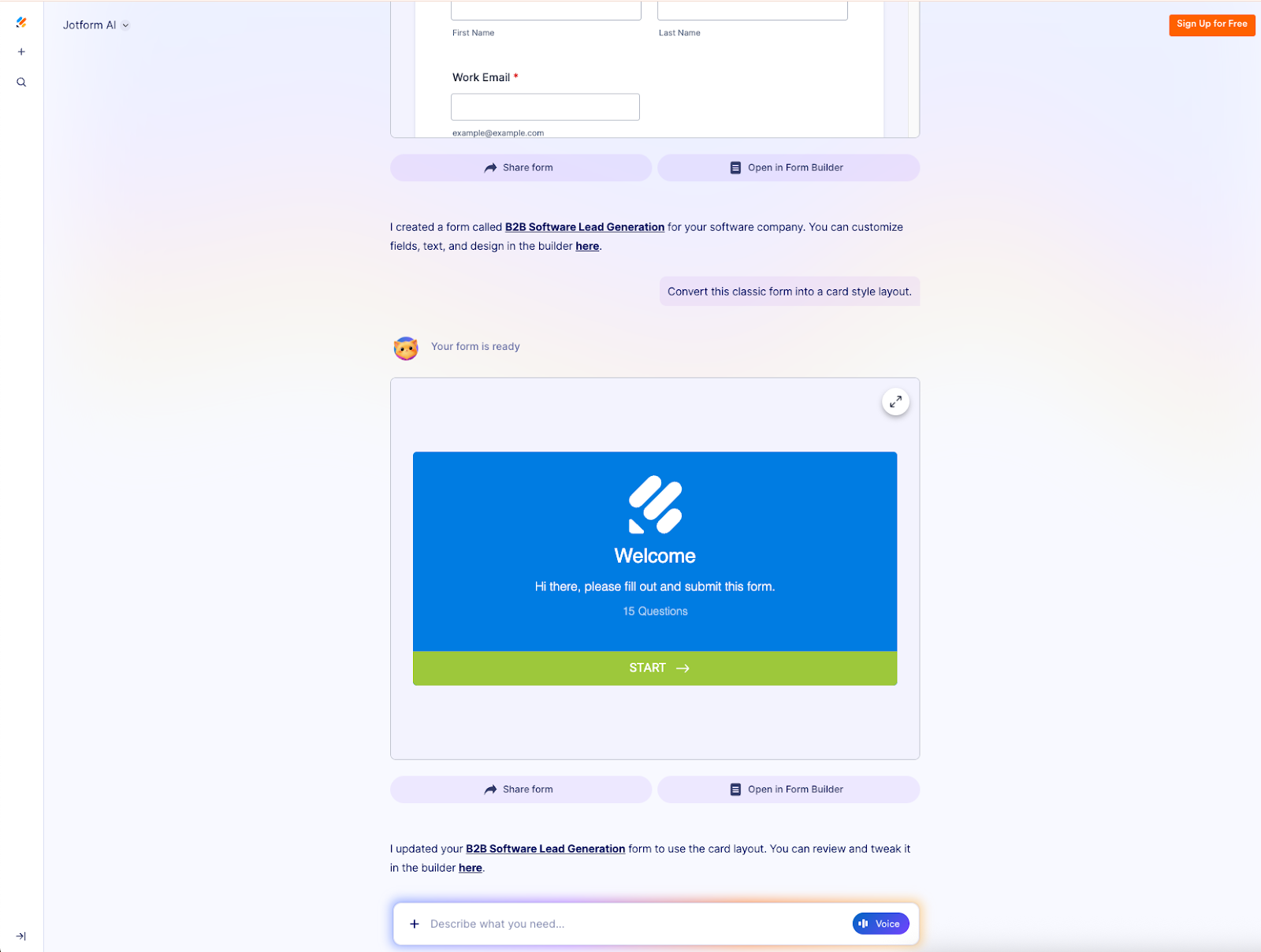 Eingabe der Aufforderung "Konvertiere dieses klassische Formular in ein Kartenlayout