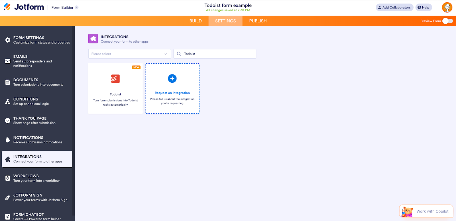 Suche nach der Todoist-Integration auf der Integrationsseite im Jotform Formulargenerator