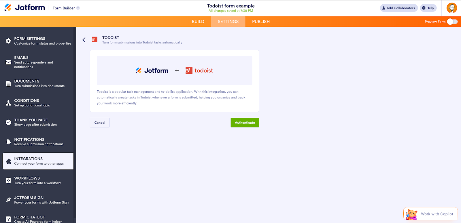 Ansicht der Todoist-Integration im Jotform Formulargenerator