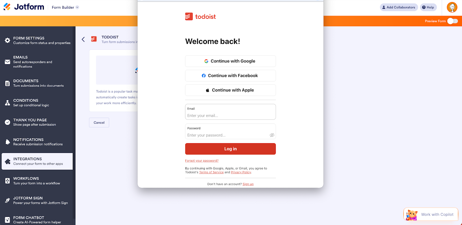 Klicken auf die Schaltfläche Authentifizieren im Todoist-Integrationsfenster