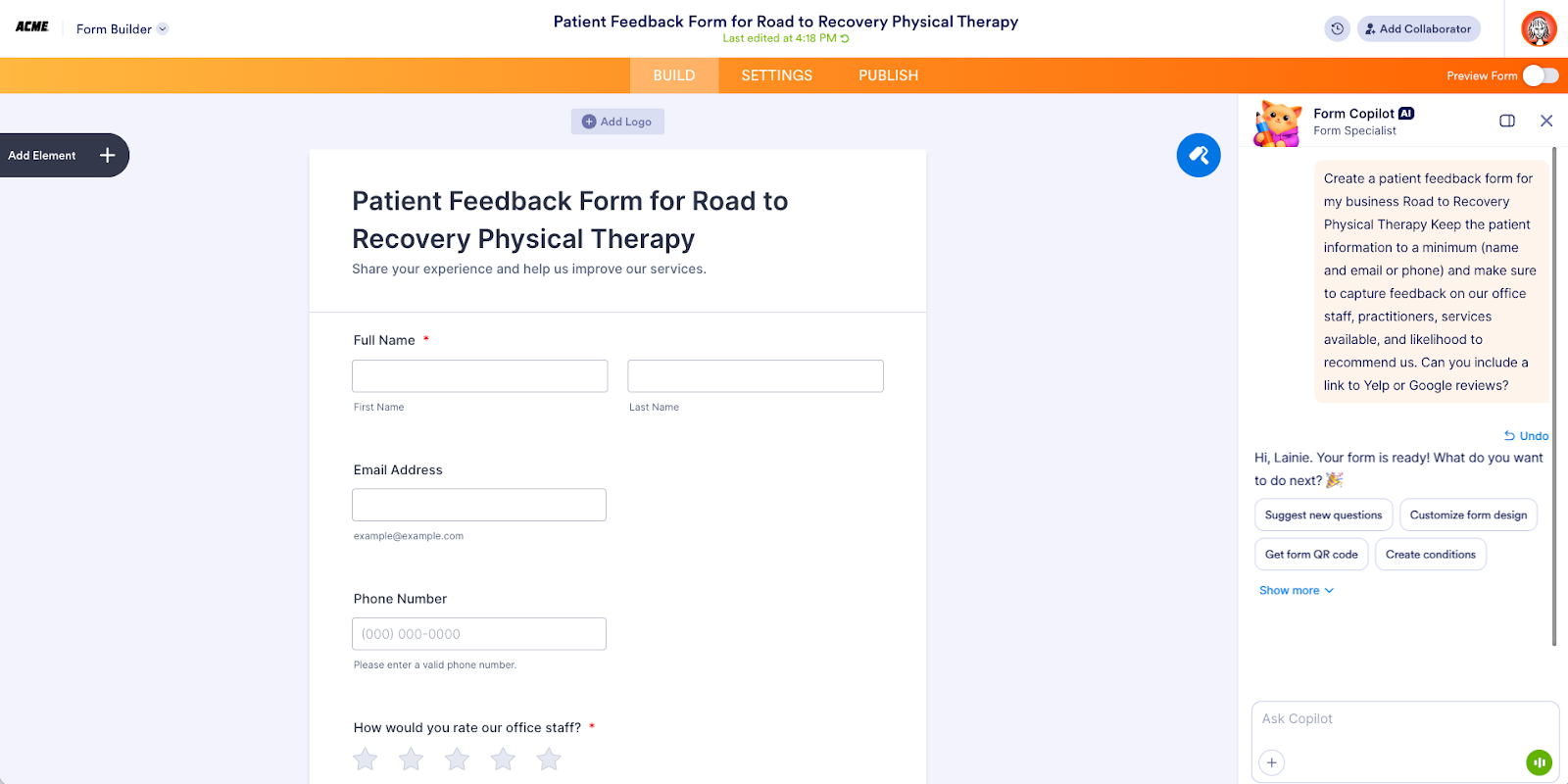 Viewing the Patient Feedback Form for Road to Recovery Physical Therapy Form on Jotform Form Builder