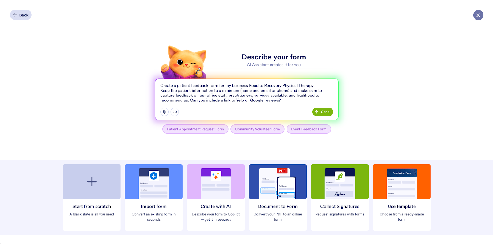 Entering a prompt to make a form on the Describe your form page