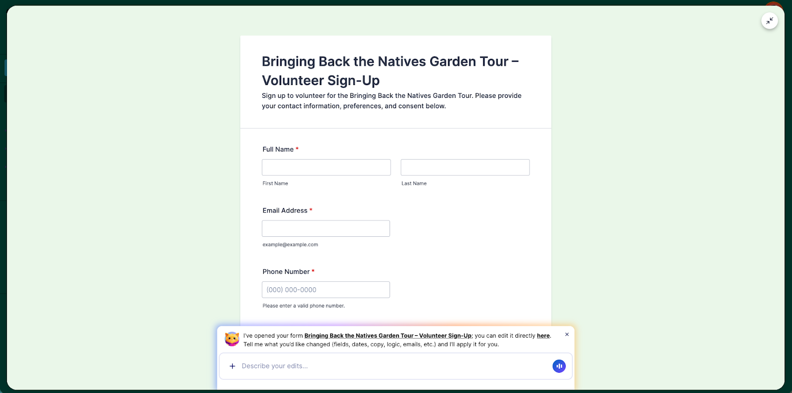 Jotform AI suggesting sample tasks on the bottom of the form