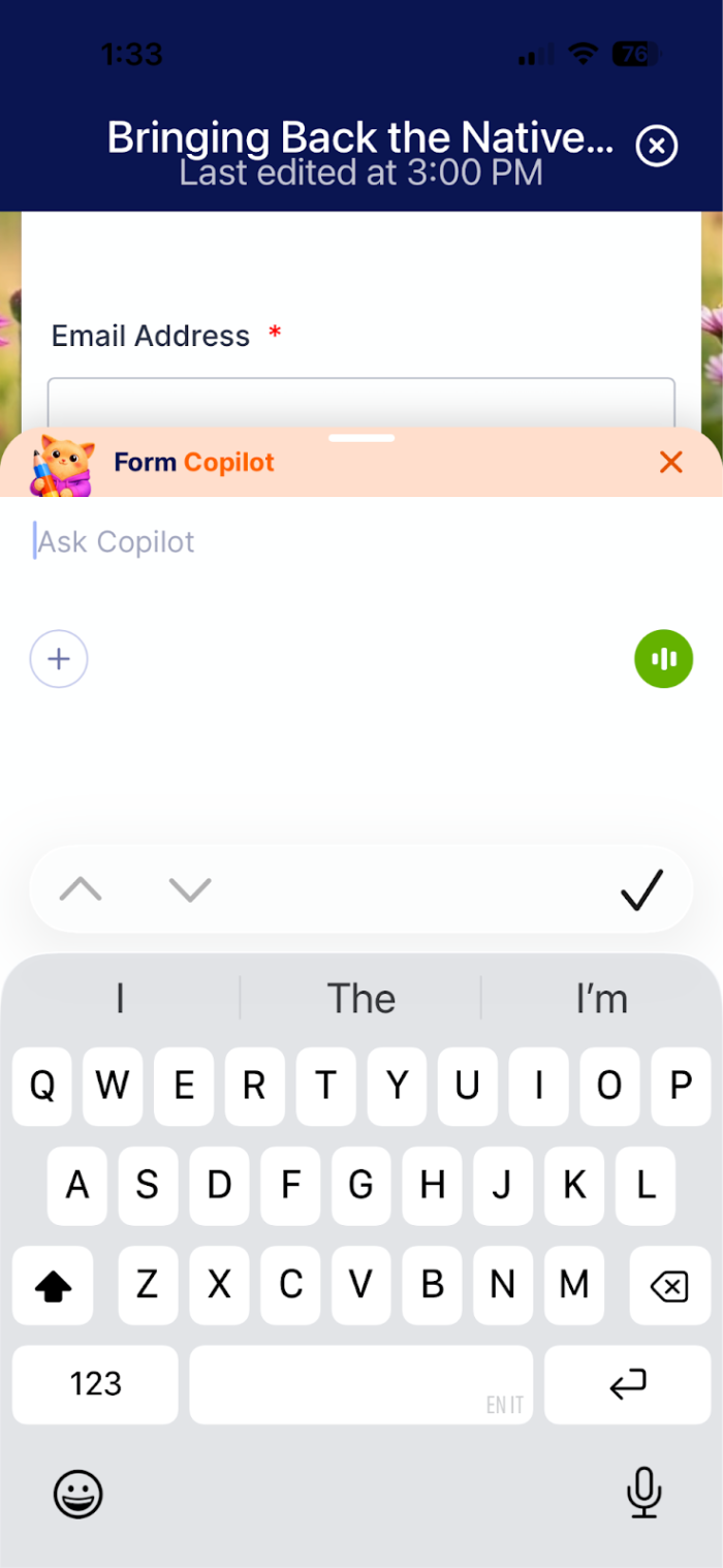 Entering a prompt to the Jotform Form Copilot on a mobile device