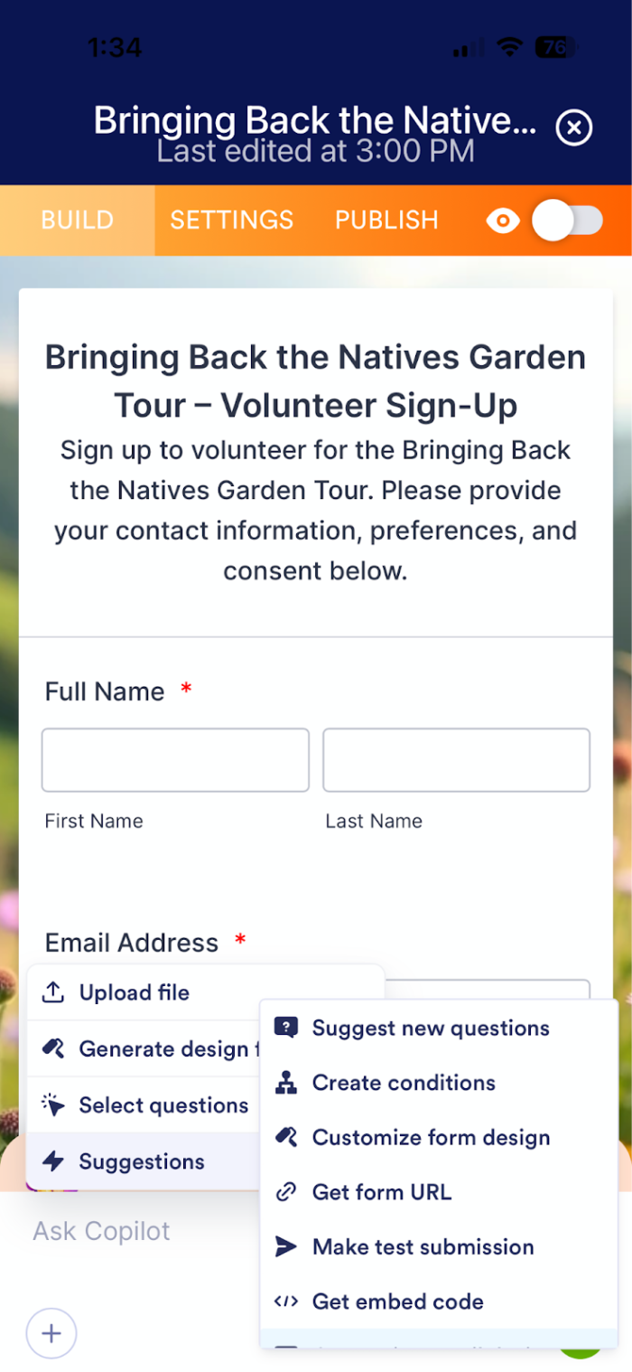 Viewing the suggestions on the Jotform Form Copilot on a mobile device