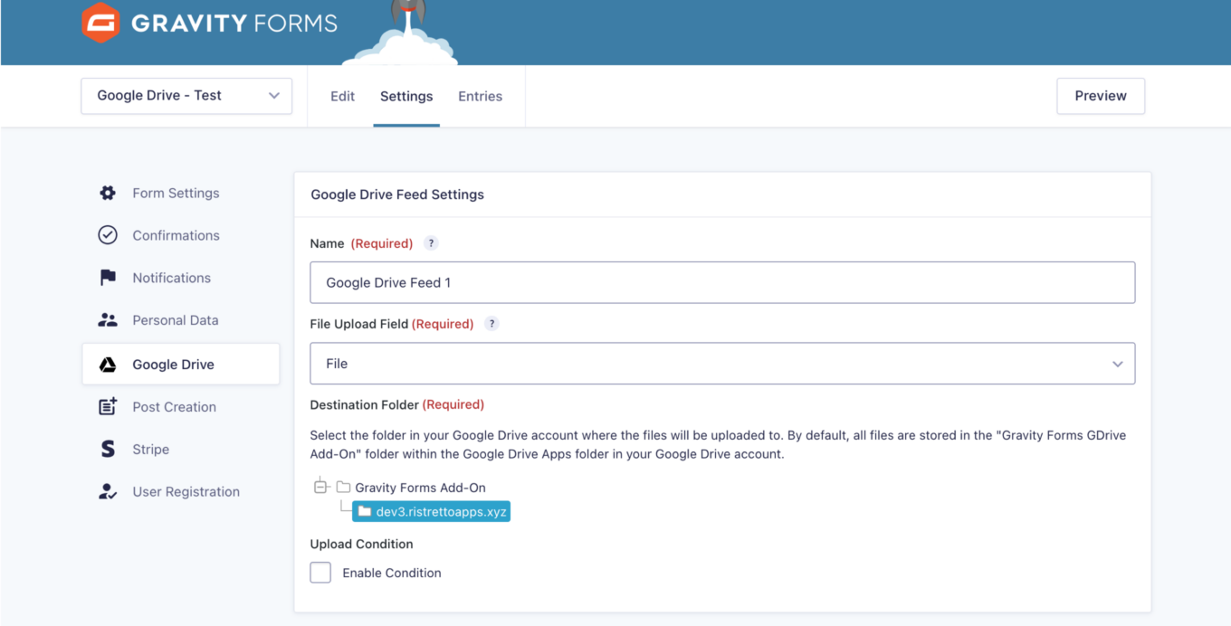 Screenshot of Gravity Forms Google Drive feed settings, with fields for naming the feed, choosing the upload field, and selecting a destination folder in Google Drive