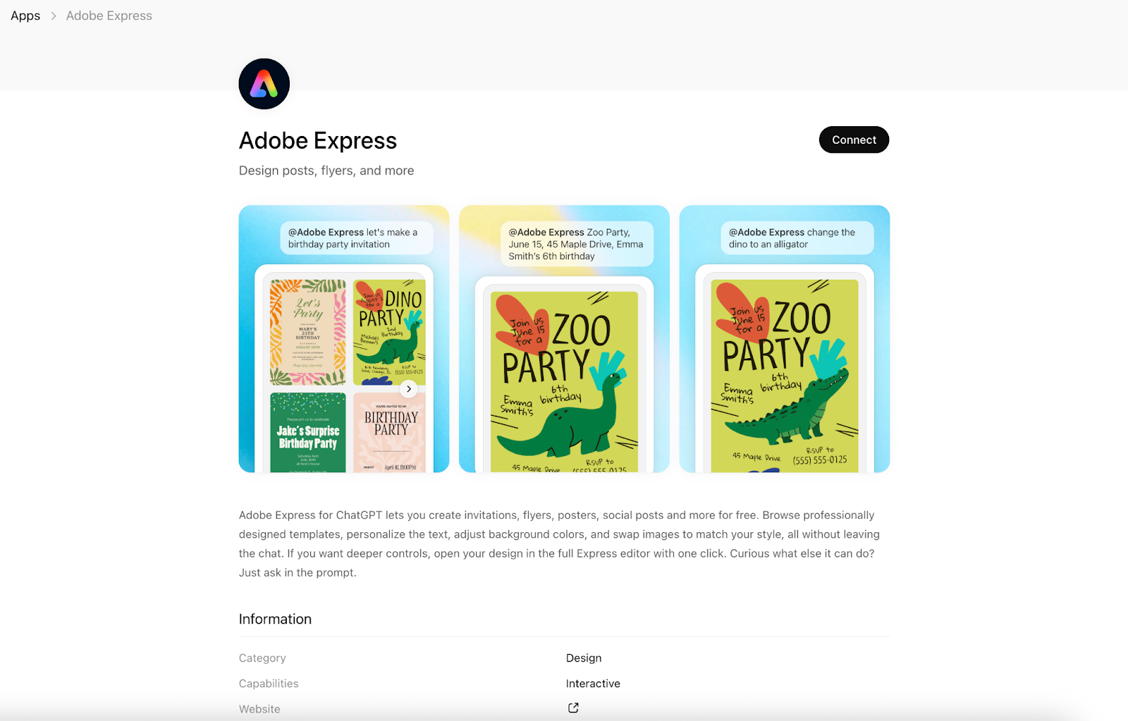 Screenshot of the Adobe Express app page in ChatGPT, showing a “Connect” button, sample design previews like party invitations, and a short description of creating posts, flyers, and social content