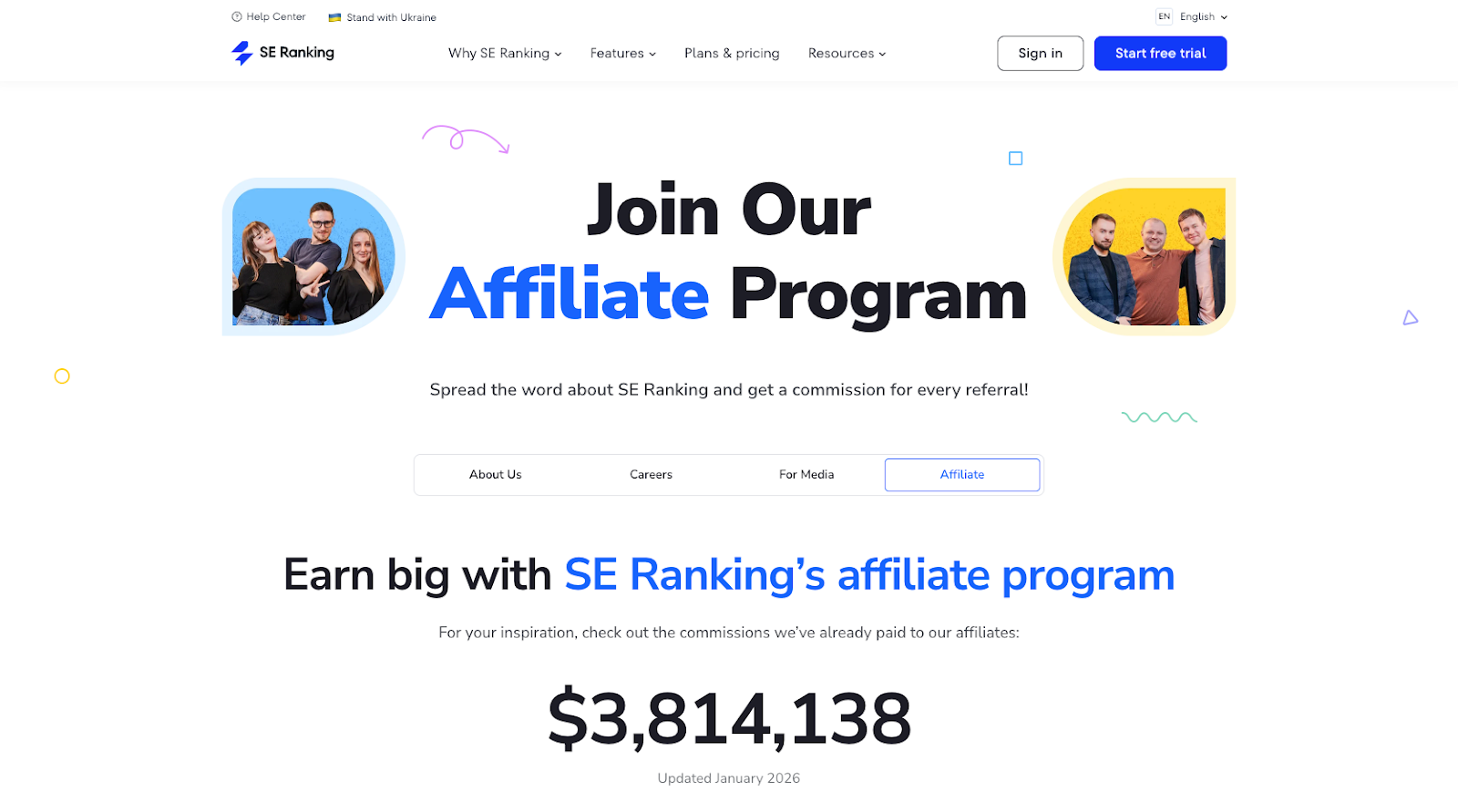 SE Ranking website with the words: "Earn big with SE Ranking's affiliate program"
