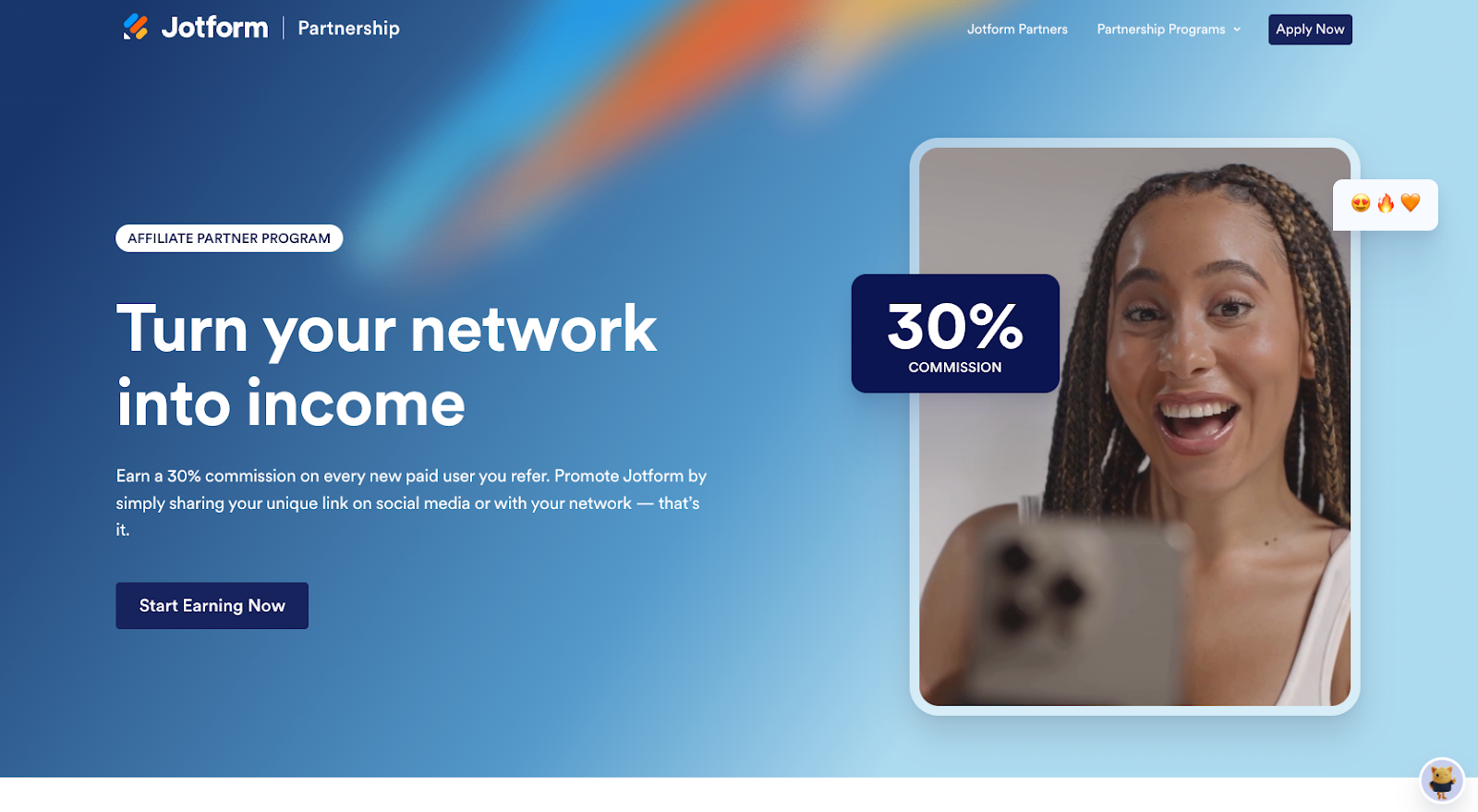 Jotform website with the words: "Turn your network into income"