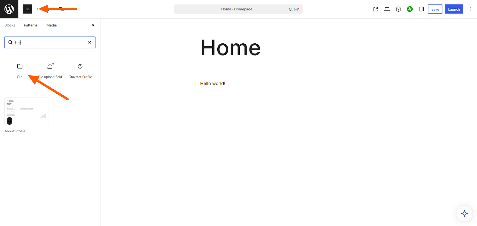 WordPress interface with arrows pointing to the + Block Inserter and File options in the left-hand menu