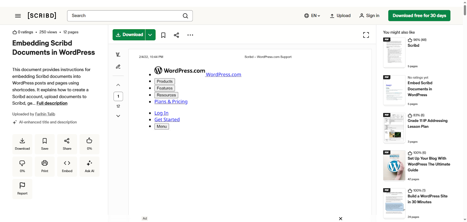 Scribd site showing instructions on how to embed Scribd documents in WordPress