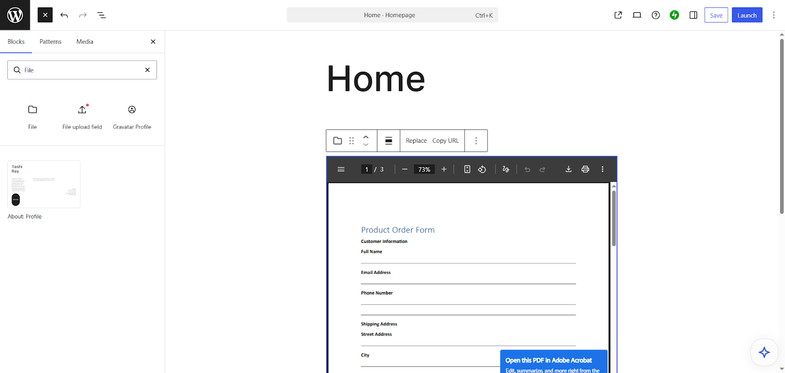 WordPress interface showing a PDF embedded via the Gutenberg Block Editor