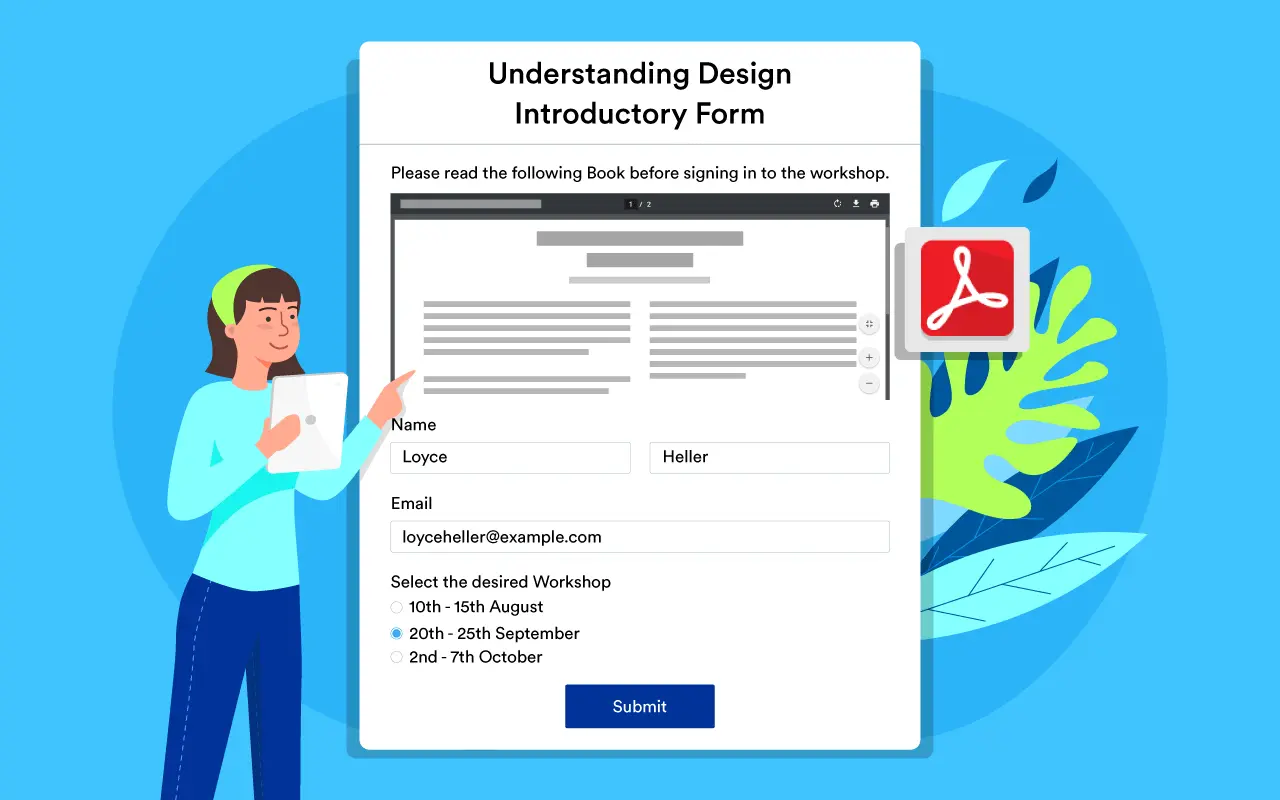 An example form embedded into a WordPress website alongside a PDF