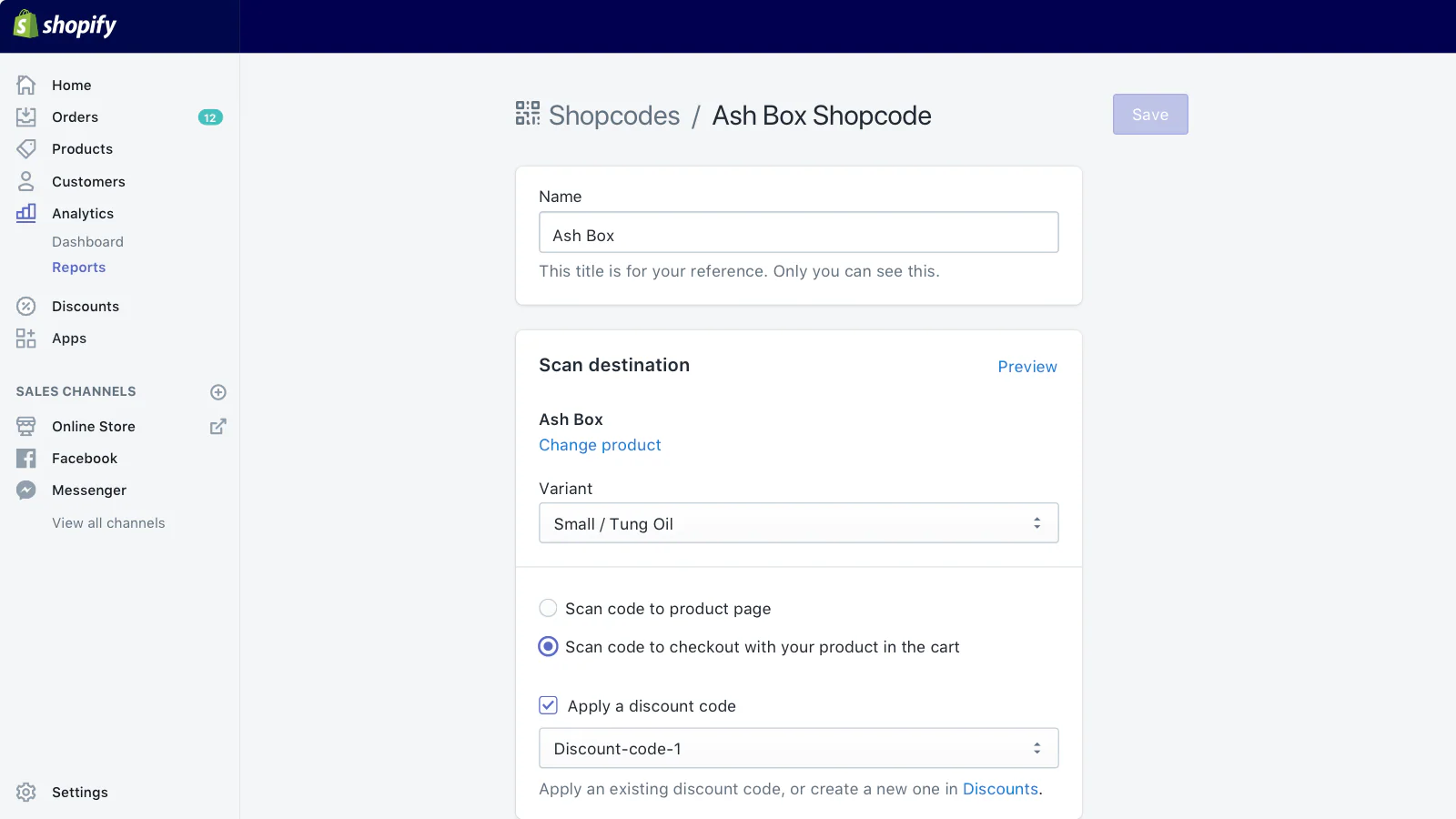 Shopify interface showing the Shopcodes screen