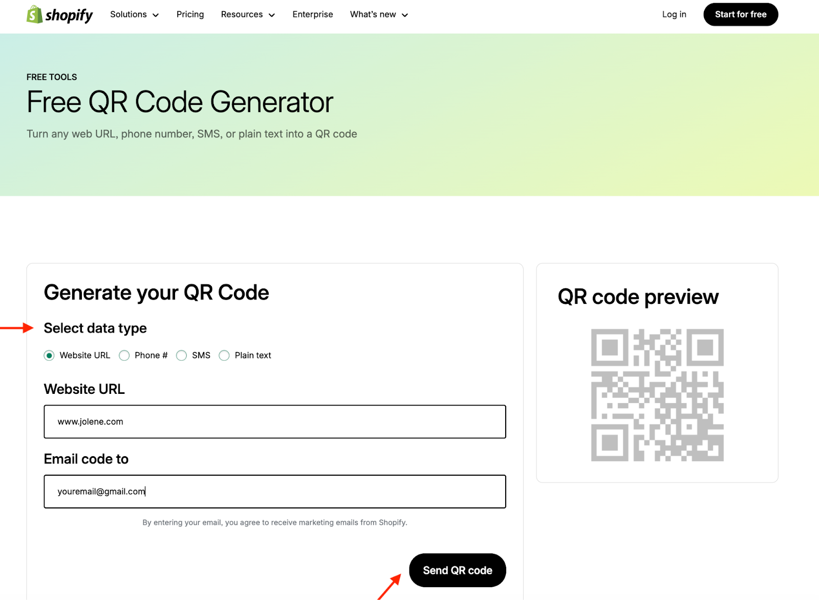 Shopify website showing the free Shopify QR code generator and the various fields to fill in