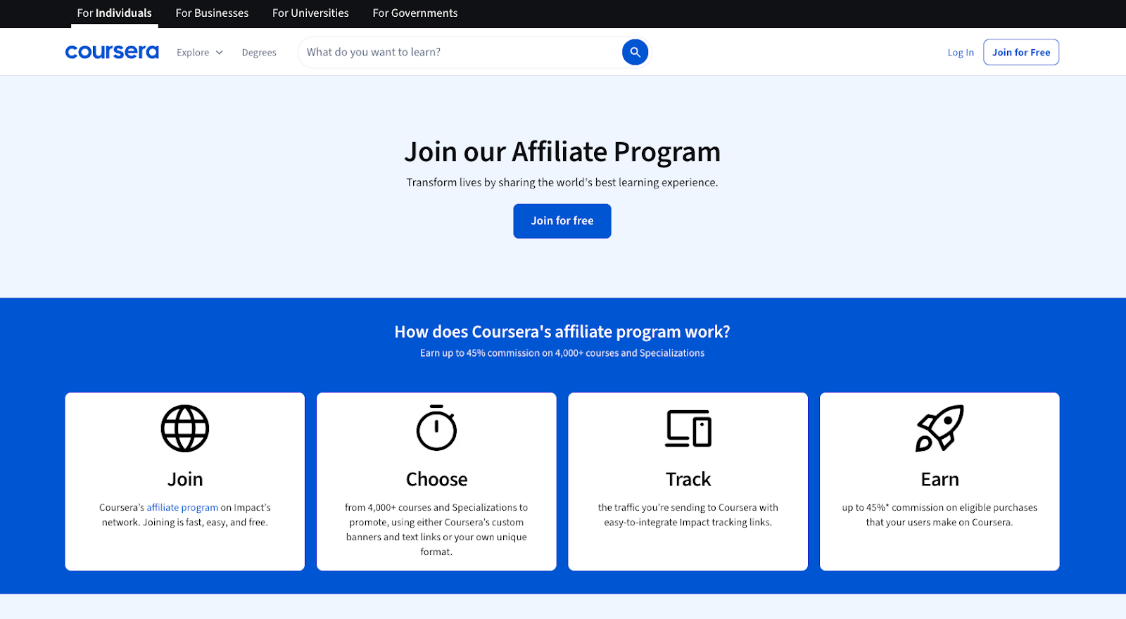 Coursera Affiliate Program website with the words: "Transform lives by sharing the world's best learning experience"