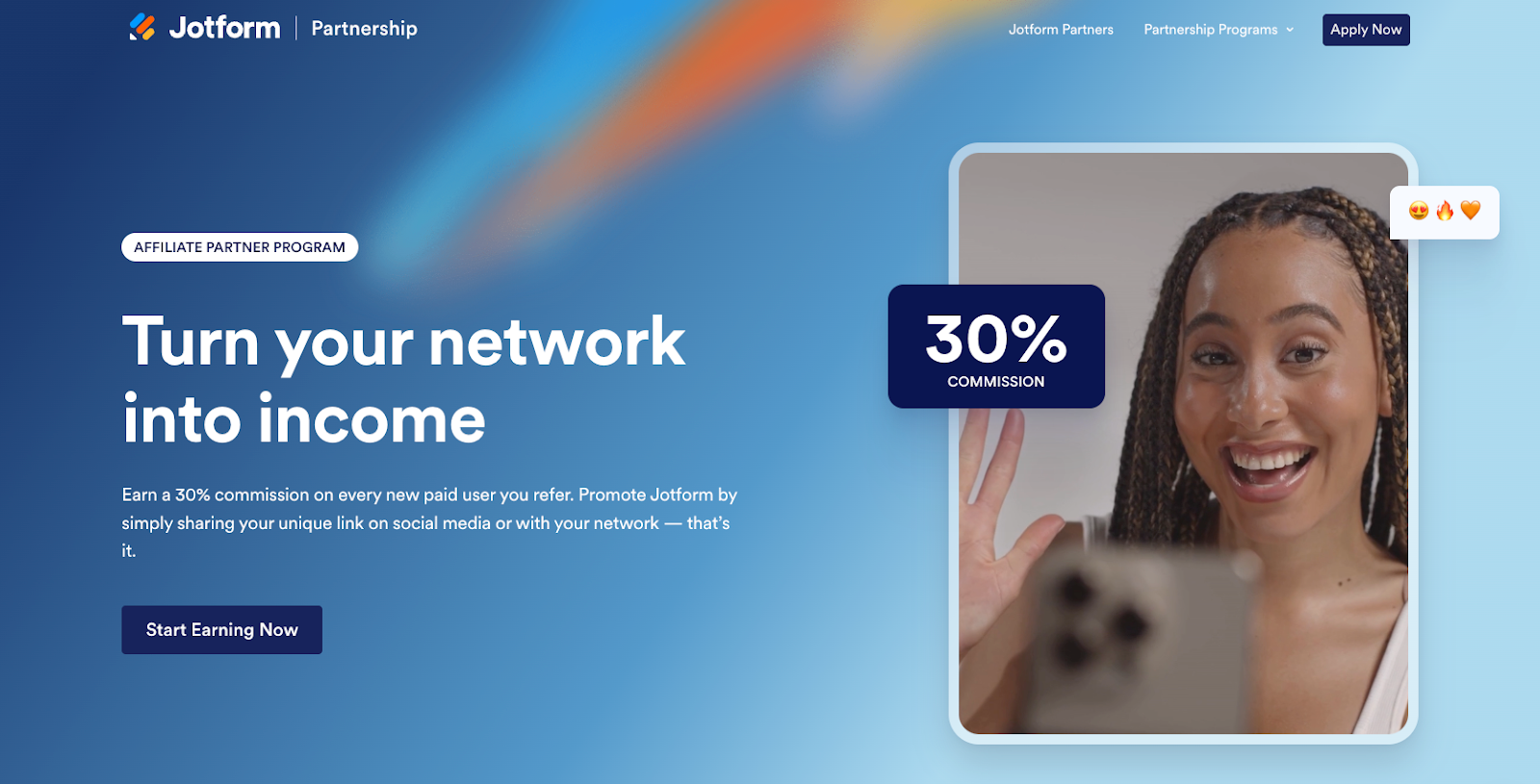 Jotform Affiliate Program website with the words: "Turn your network into income"