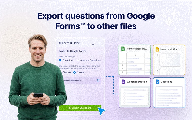Export feature screen showing Google Forms questions being transferred to other file formats and platforms