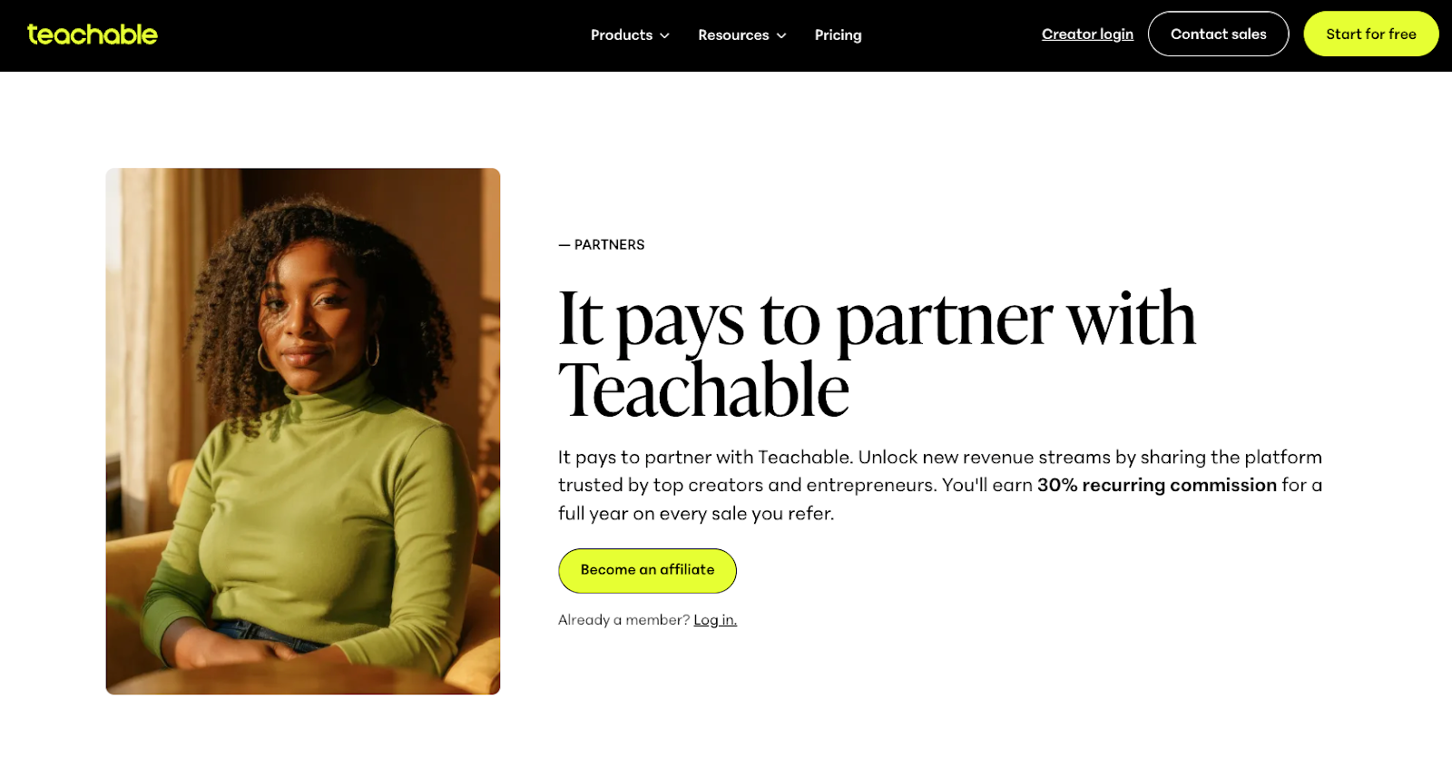 Teachable website with the words: "It pays to partner with Teachable"
