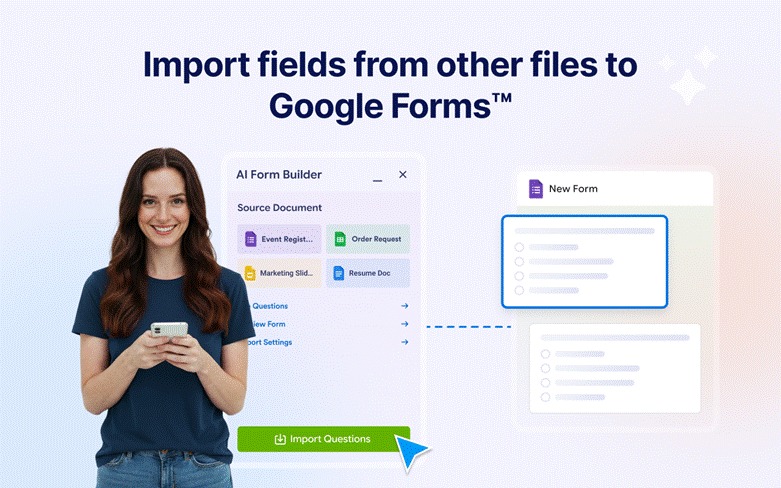 An interface, demonstrating importing fields from other files into Google Forms