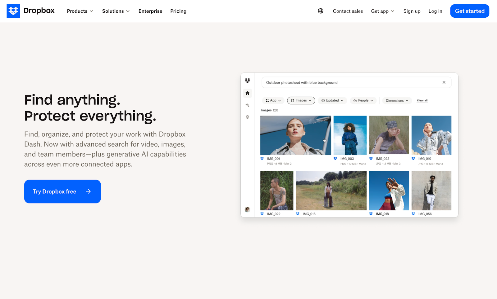 Dropbox'ın açılış sayfasının ekran görüntüsü, "Her şeyi bulun