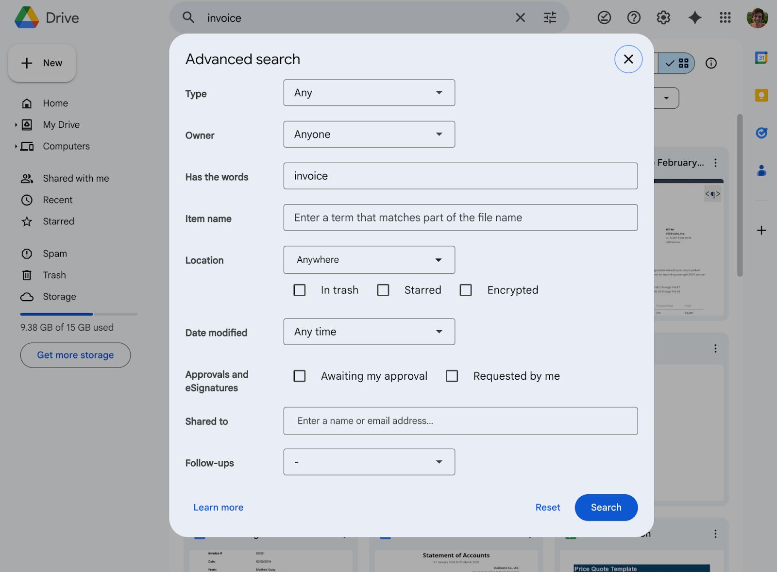 Google Drive'ın Gelişmiş arama panelinin Drive arayüzü üzerinde açık olduğu ekran görüntüsü