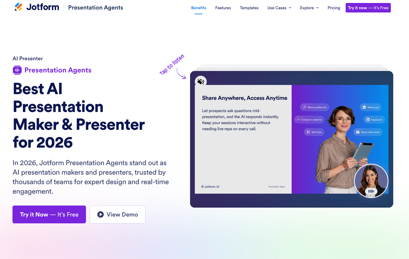 Screenshot of Jotform Presentation Agents' landing page, showing a headline "Best AI Presentation Maker & Presenter for 2026"