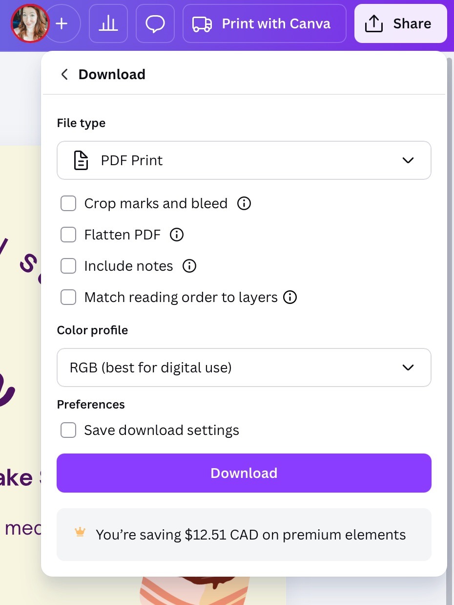 Canva download settings panel showing “PDF Print” selected as the file type with a purple “Download” button