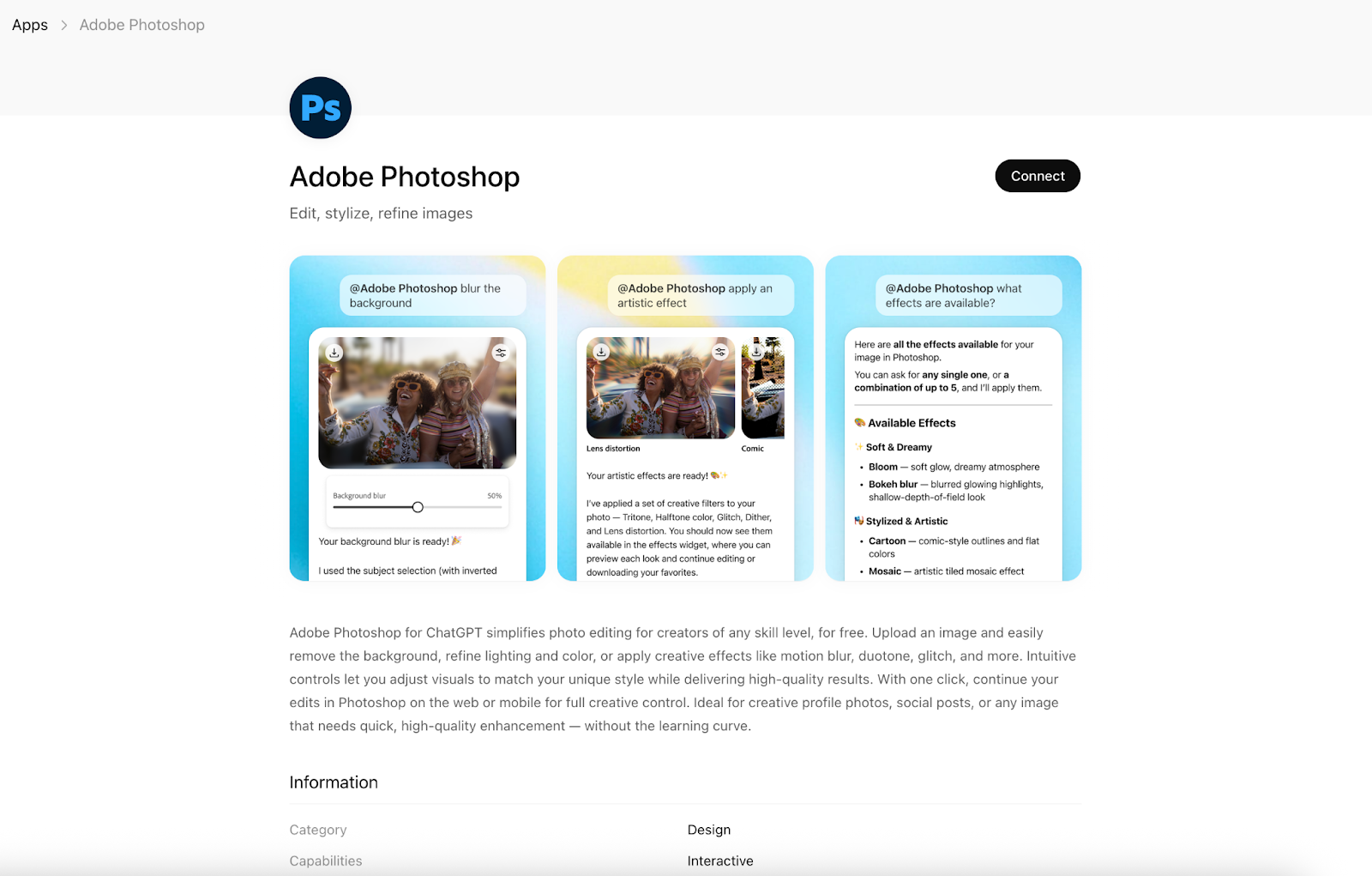 Screenshot of the Adobe Photoshop for ChatGPT section, showing the app preview, “Connect” button, and a detailed description with bullet points for features, pros, cons, and limitations