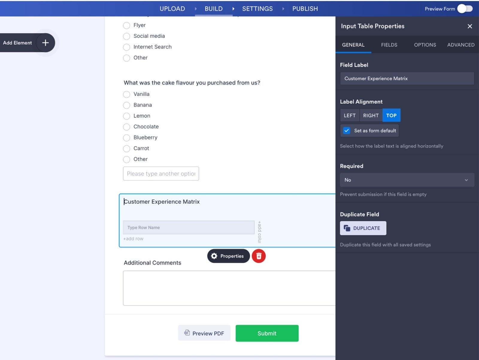 Form builder interface with a selected field and the “Properties” panel open on the right