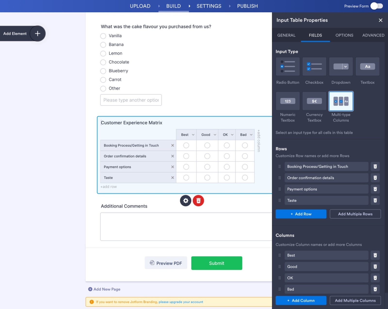 Jotform editor displaying a table field with rows and columns being configured in the “Fields” tab
