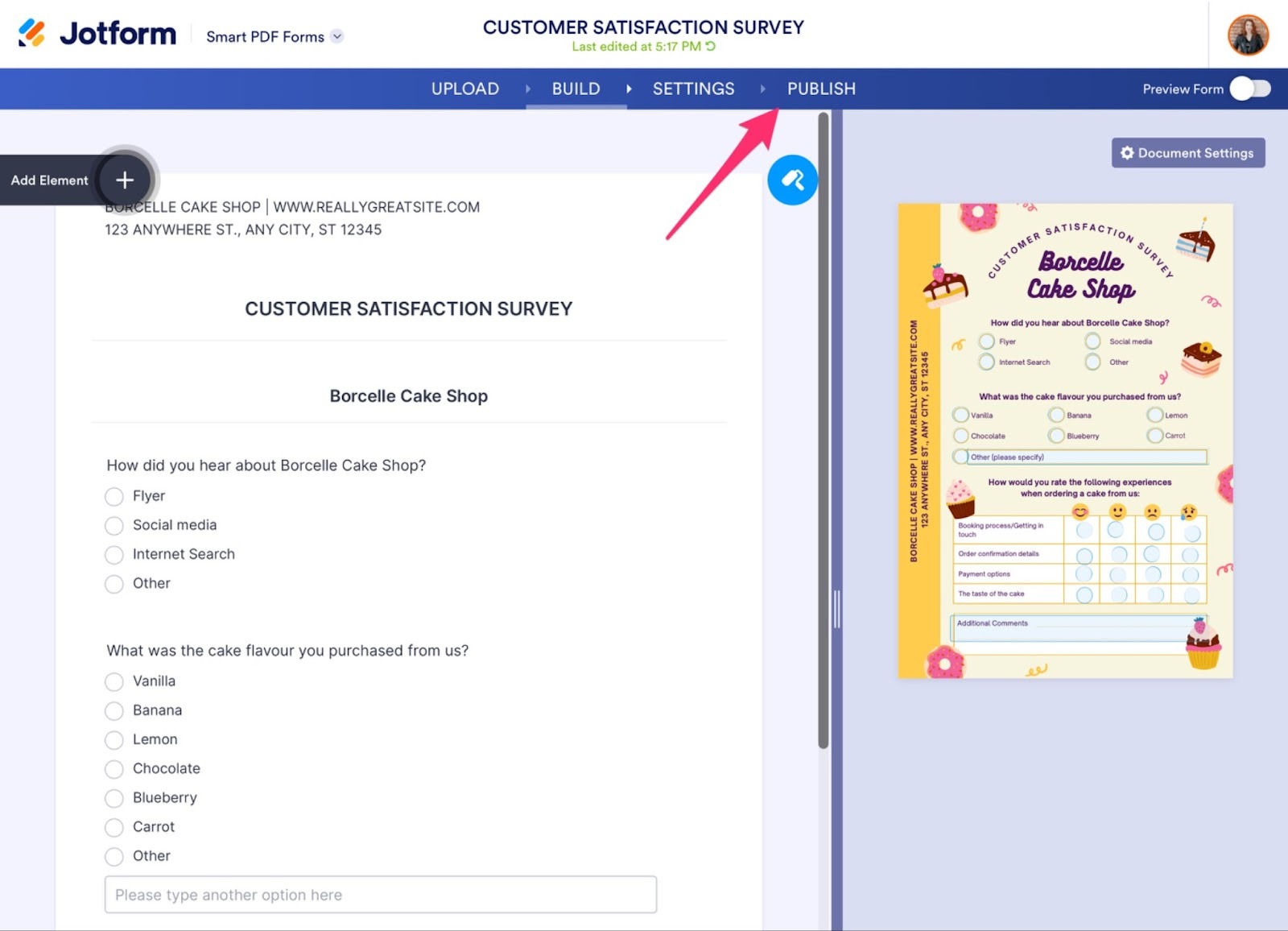Editor screen with a pink arrow pointing to the “Publish” tab at the top navigation