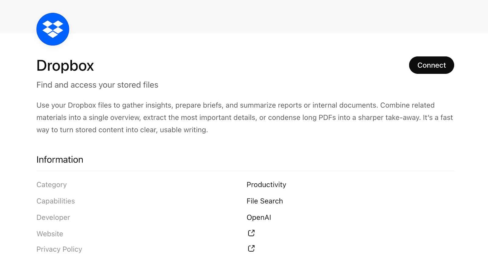 Dropbox's listing in the ChatGPT Apps tab