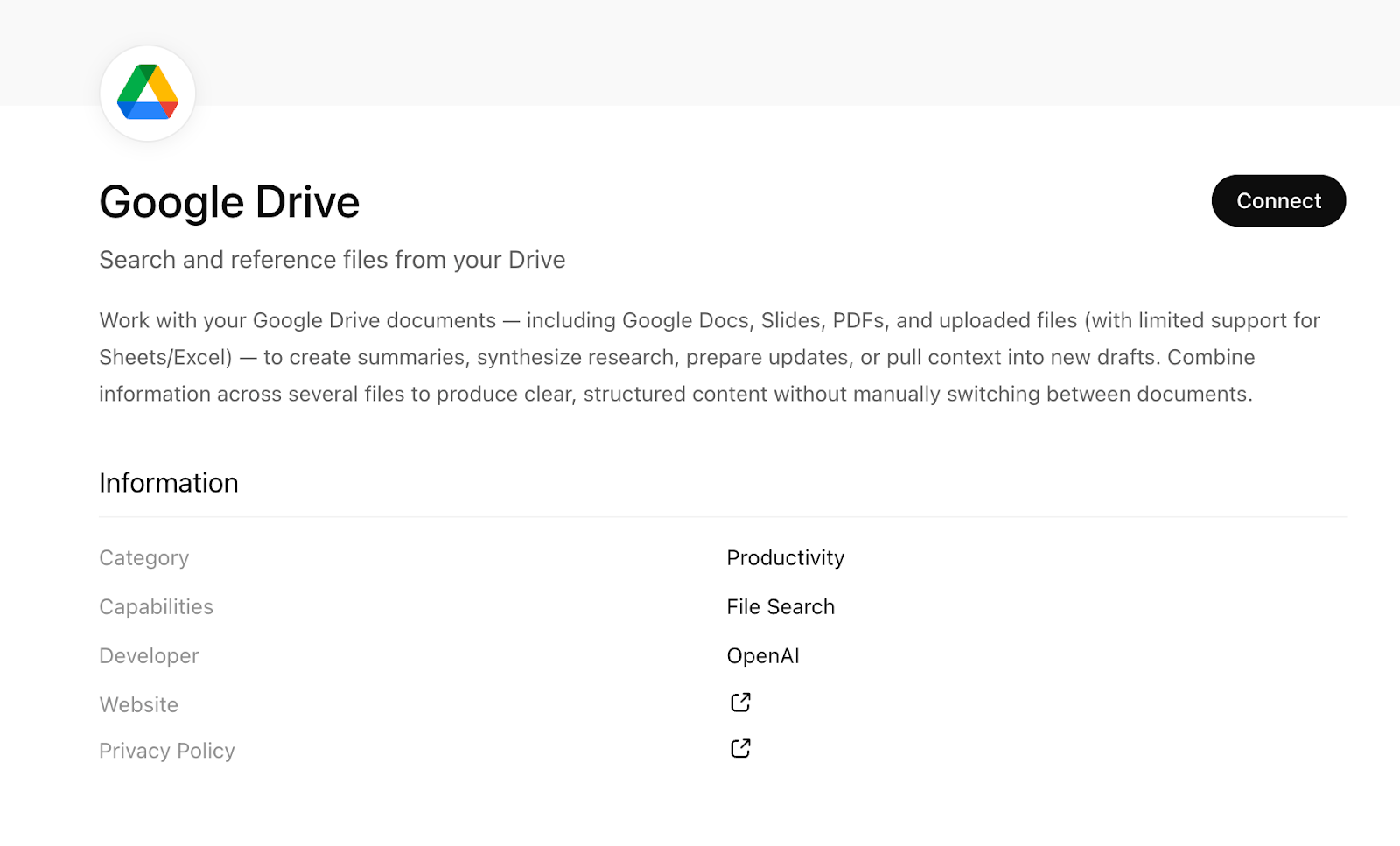 Google Drive's listing in the ChatGPT Apps tab